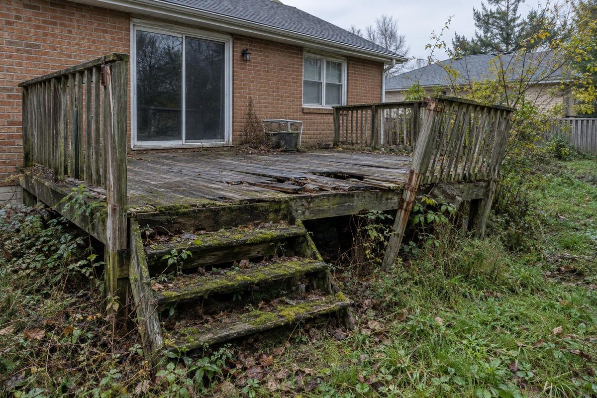 Rotted old deck, now new composite with aluminum rails, before