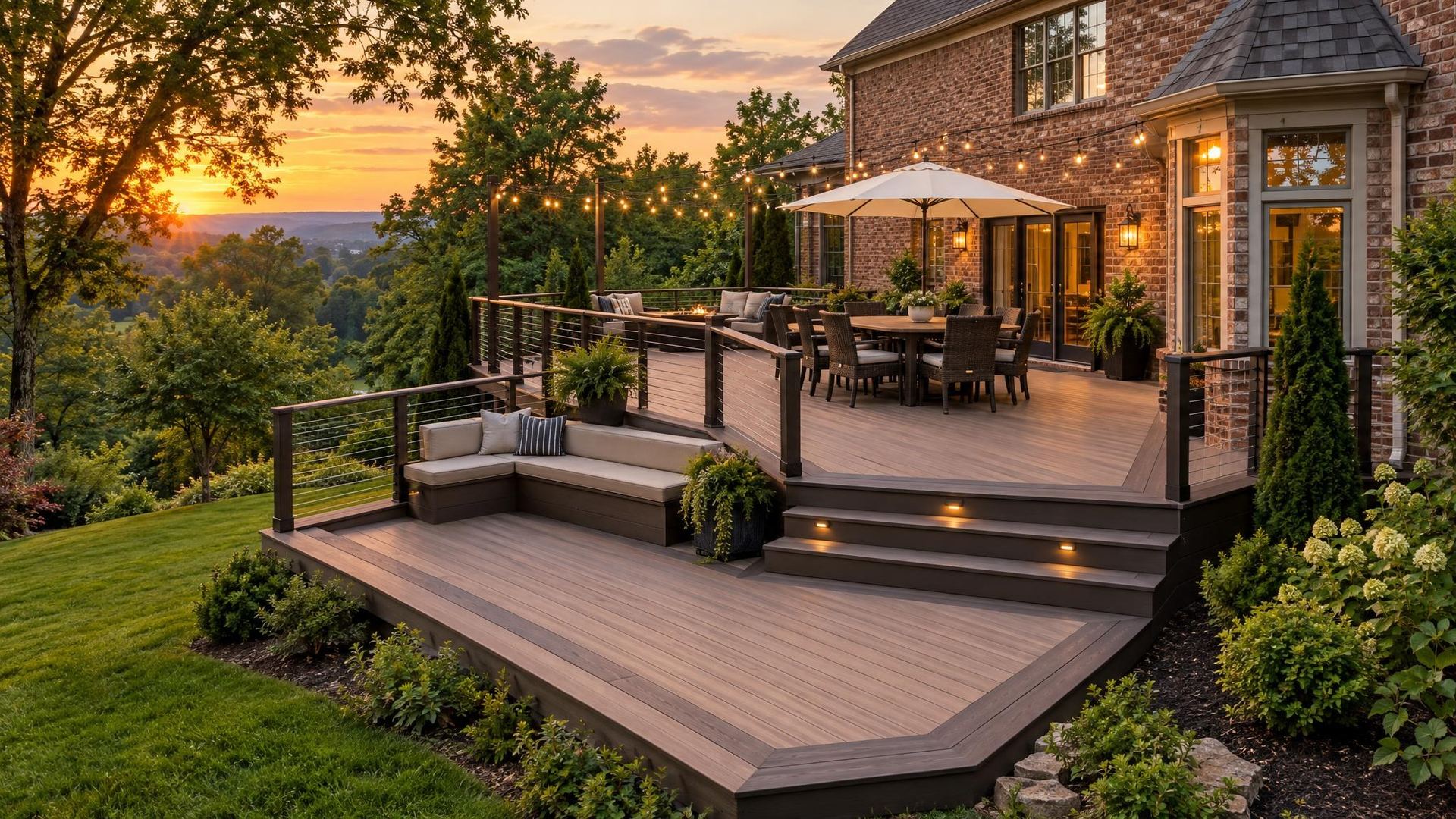 A multi-level composite deck with cable railing at golden hour