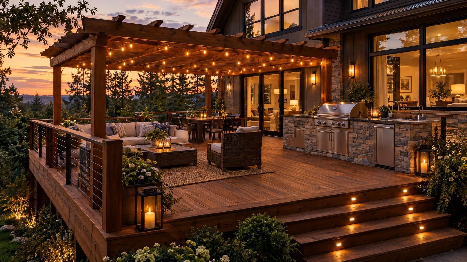 An elevated cedar deck with a pergola and outdoor kitchen at dusk