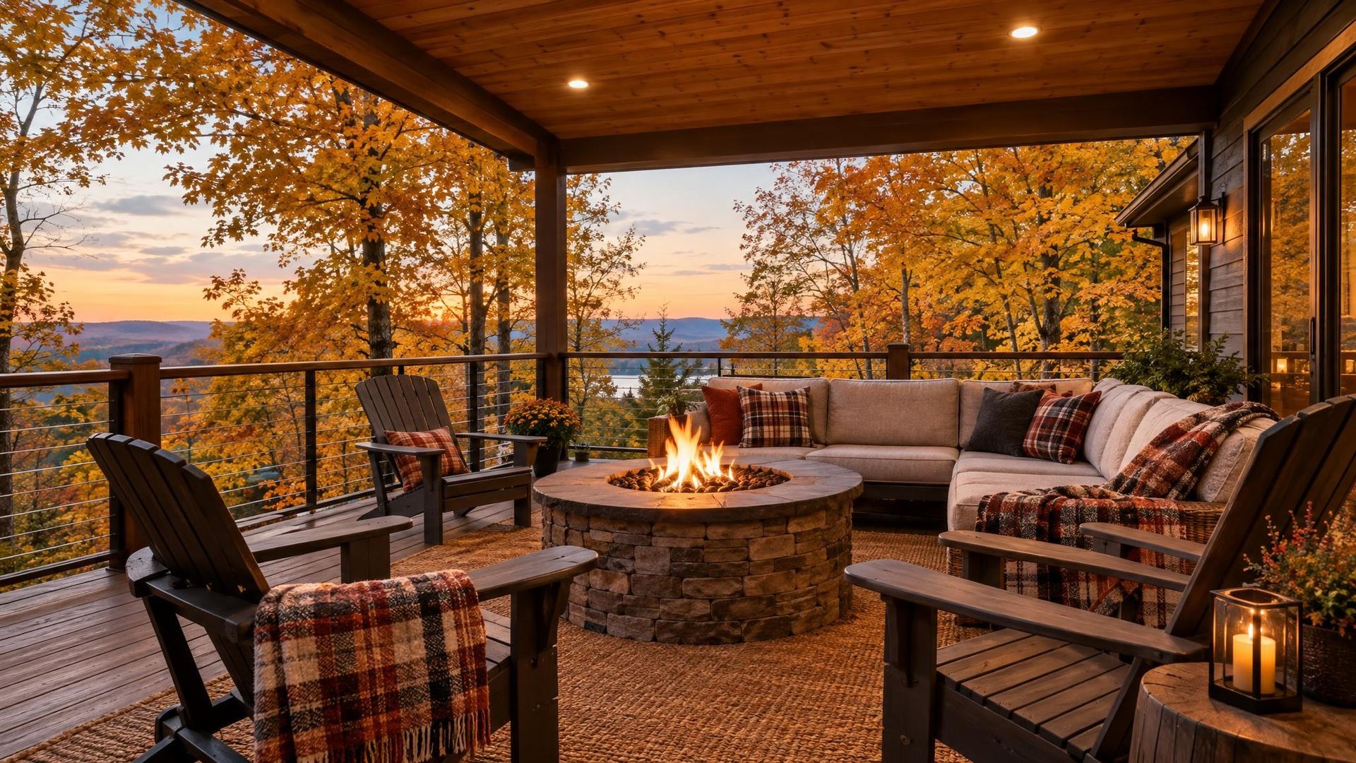 A cozy covered deck with fire pit seating in the fall